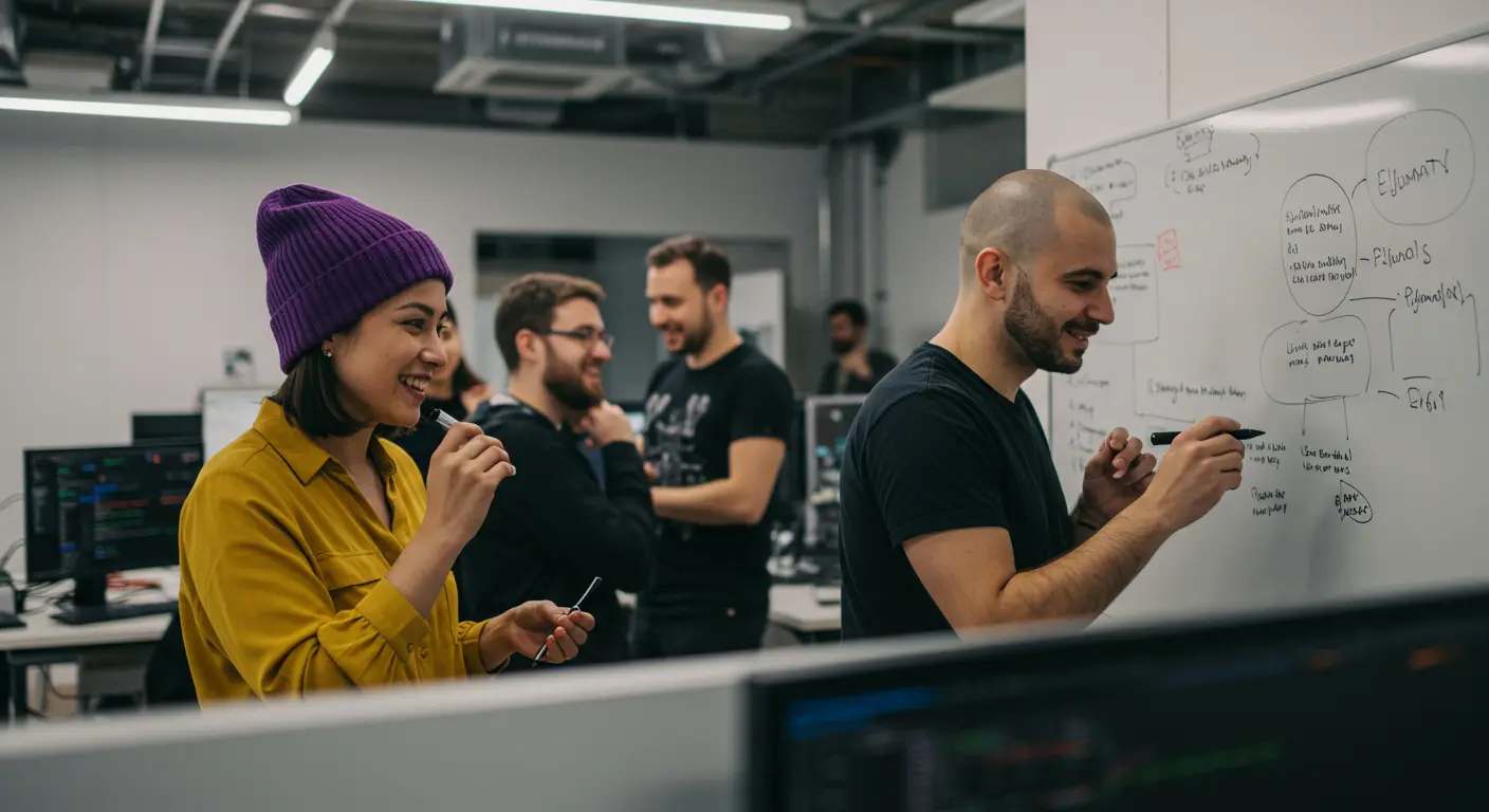 A team of developers collaborating, illustrating the challenges of scaling engineering teams.